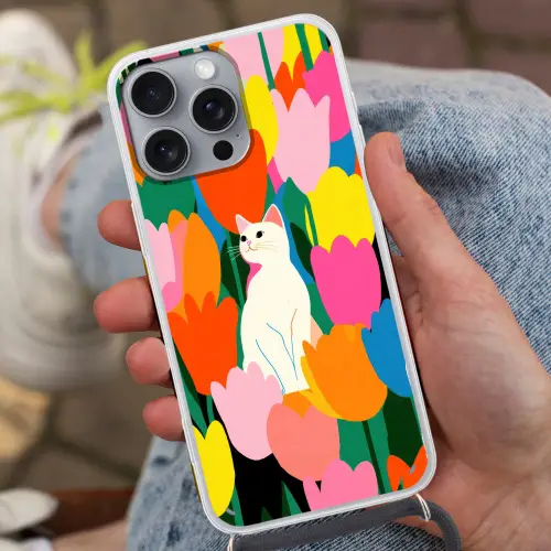Tulpen - Kat - Kleurrijk Hoesje iPhone 16 Pro Max met koord klein -sfeer3