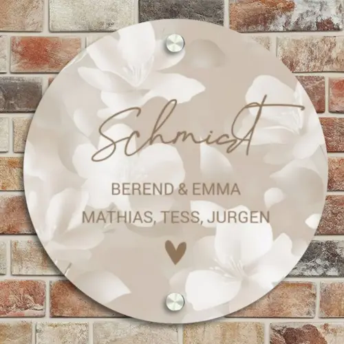 Beigefarbene Blumen - Elegant Naambord Rond klein -sfeer2