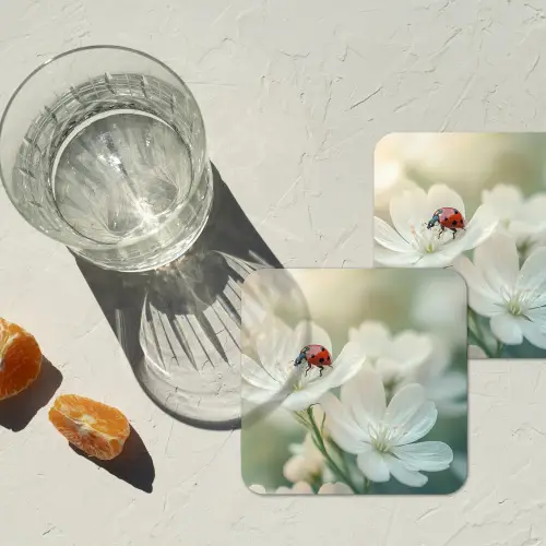 Lieveheersbeestje - Bloemen - Wit onderzetter kurk middel -sfeer4