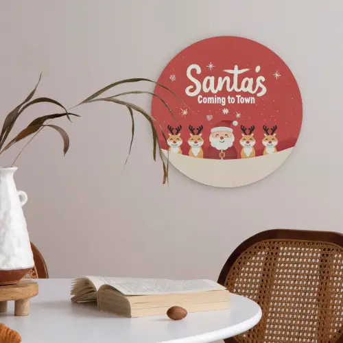 Illustratie - Kerstman - Rendieren - Rood Akoestische PET Vilt - Rond klein -sfeer3