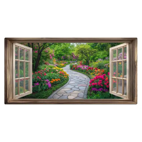 Doorkijk - Bloemen - Tuinpad - Natuur - Raam Muismat XXL klein -3d_leeg