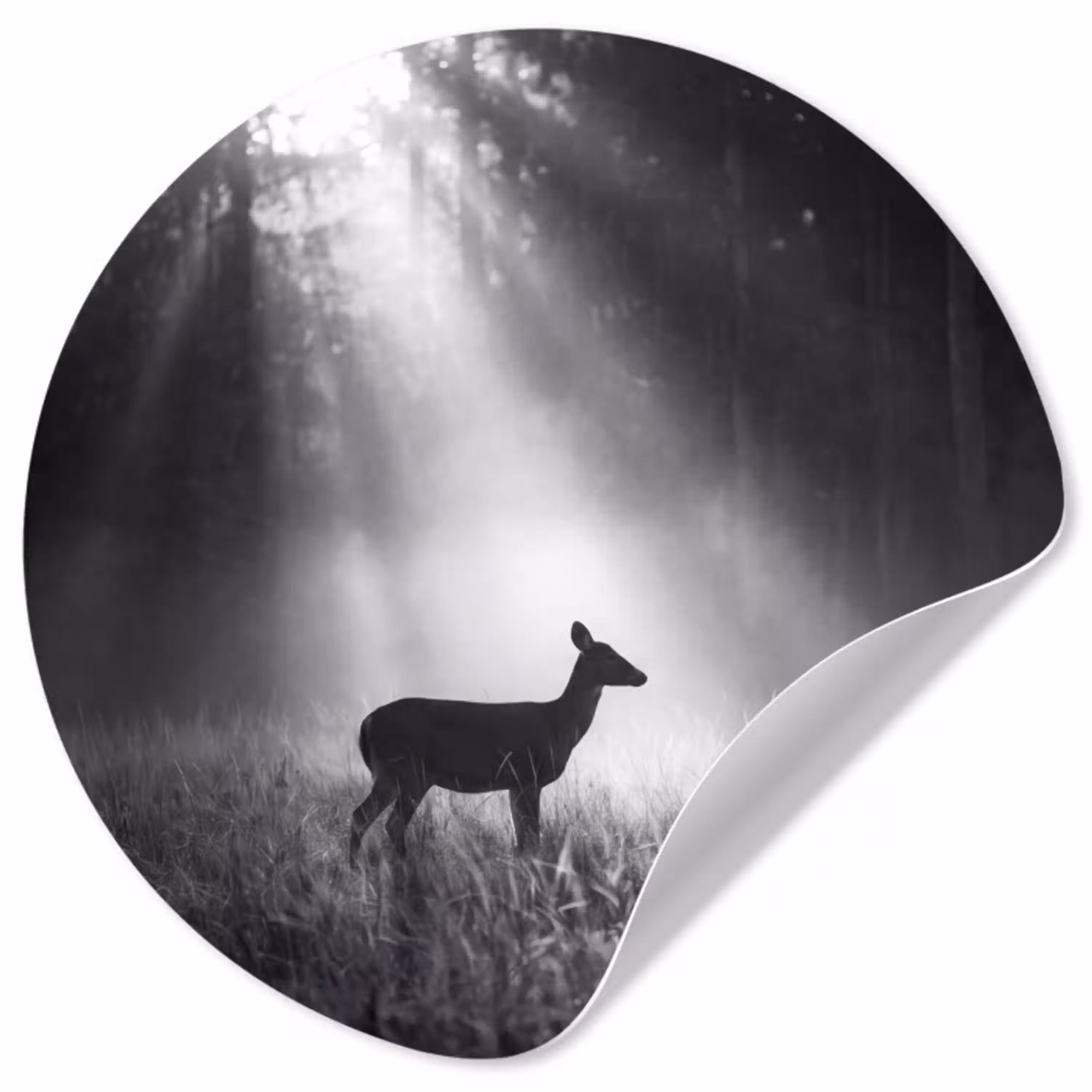 Hert - Bos - Zonnestralen - Zwart-wit - Natuur Wandcirkel behangsticker klein -3d