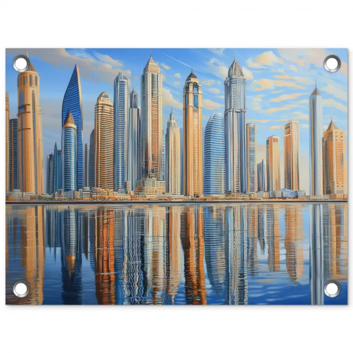 Skyline - Wolkenkrabbers - Water - Blauw tuinposter los doek klein -3d