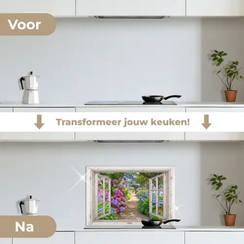 Hortensia - Doorkijk - Bloemen - Zomer - Paars - Pad keuken achterwand spatscherm klein -voor_na_NL