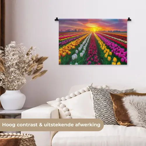 Tulpenveld - Zonsondergang - Kleurrijk Wandkleed katoen klein -sfeer1