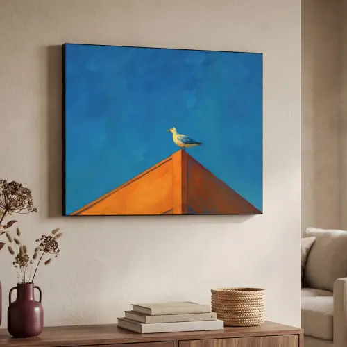 Meeuw - Gebouw - Lucht - Geschilderd Textielframe zwart klein -sfeer3