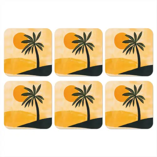 Illustratie - Palmboom - Zon - Heuvels onderzetter kurk middel -3d