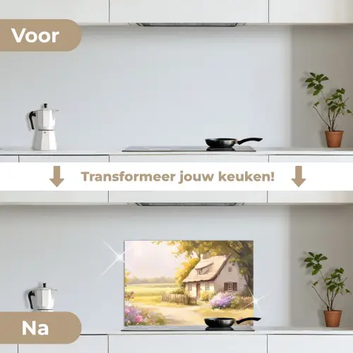 Huisje - Hout - Bloemen keuken achterwand spatscherm klein -voor_na_NL