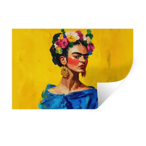 Frida Kahlo - Vrouw - Geel - Blauw - Bloemen Muursticker klein -3d