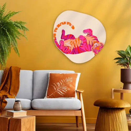 Tijger - Roze - Oranje Wandcirkel Organisch Aluminium middel -sfeer4