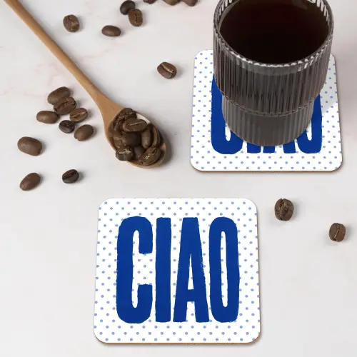 Ciao - Stippen - Roze - Wit onderzetter kurk middel -sfeer2