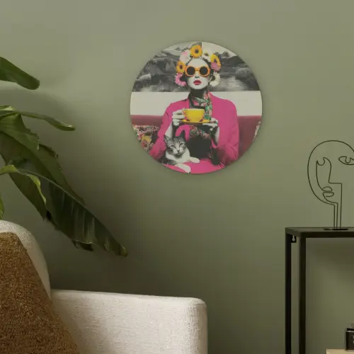 Vrouw - Kat - Bloemen - Kopje - Retro Akoestische PET Vilt - Rond klein -sfeer2