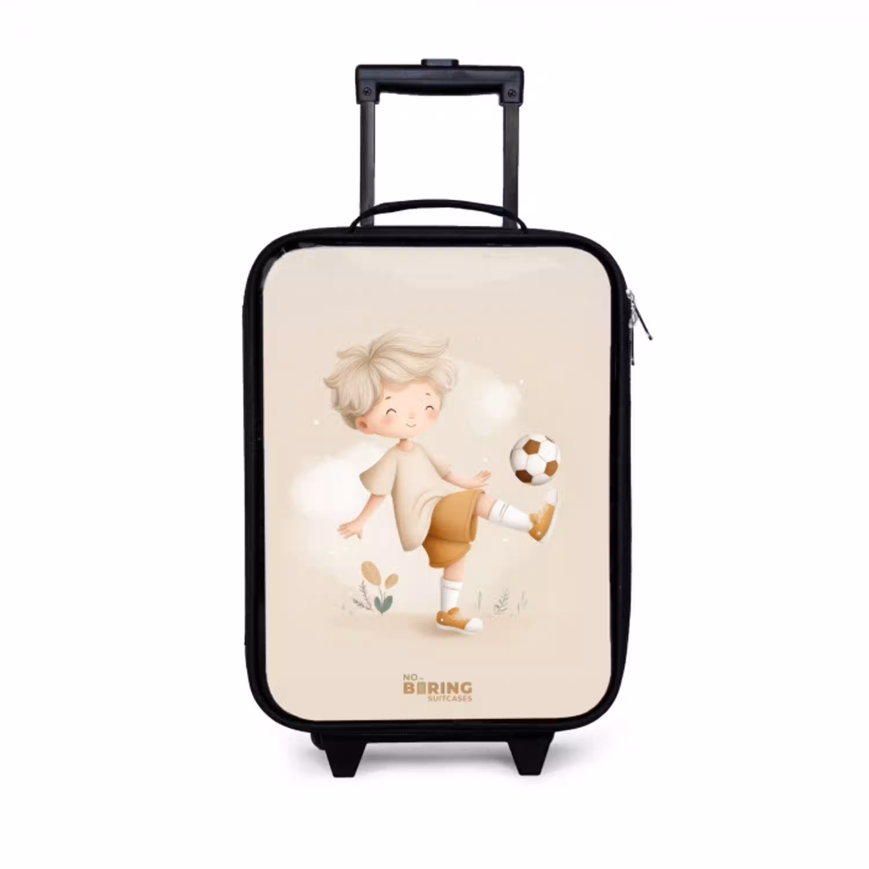 Jongen met een voetbal in beige kleuren Kinderkoffer - Zwart klein -3d