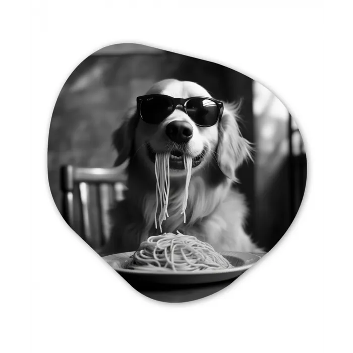 Golden Retriever - Hond - Vrolijk -  Bord spaghetti - Zwart - wit Wandcirkel Organisch Plexiglas middel -3d
