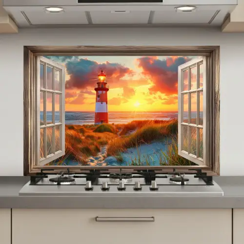 Doorkijk - Raam - Vuurtoren - Zonsondergang - Strand keuken achterwand spatscherm klein -3d_website
