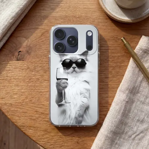 Kat - Zonnebril - Wijnglas - Langharig Telefoonhoesje iPhone 17 Pro klein -sfeer1