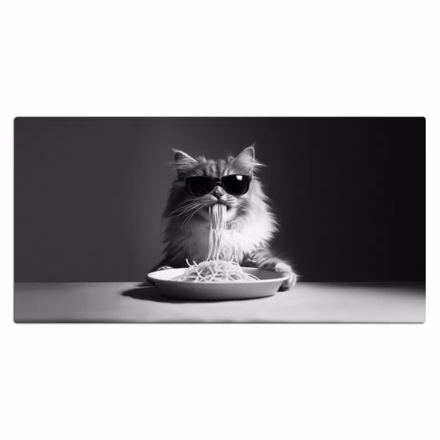 Schreibtischunterlage - Langhaarkatze - Sonnenbrille - Spaghetti - Humor - Schwarz - Weiß
