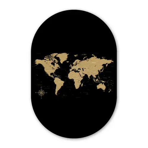 Wereldkaart - Beige - Zwart Wandcirkel Ovaal Glas middel -3d
