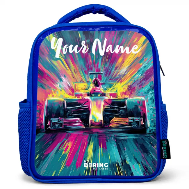 Kids backpack with name - Blue - Race car - Abstract - Stripes - Blue