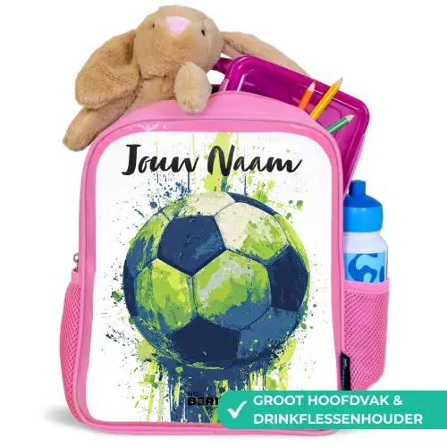 Voetbalvibes - Verf - Groen - Blauw Kinderrugzak - Roze middel -inhoud_NL