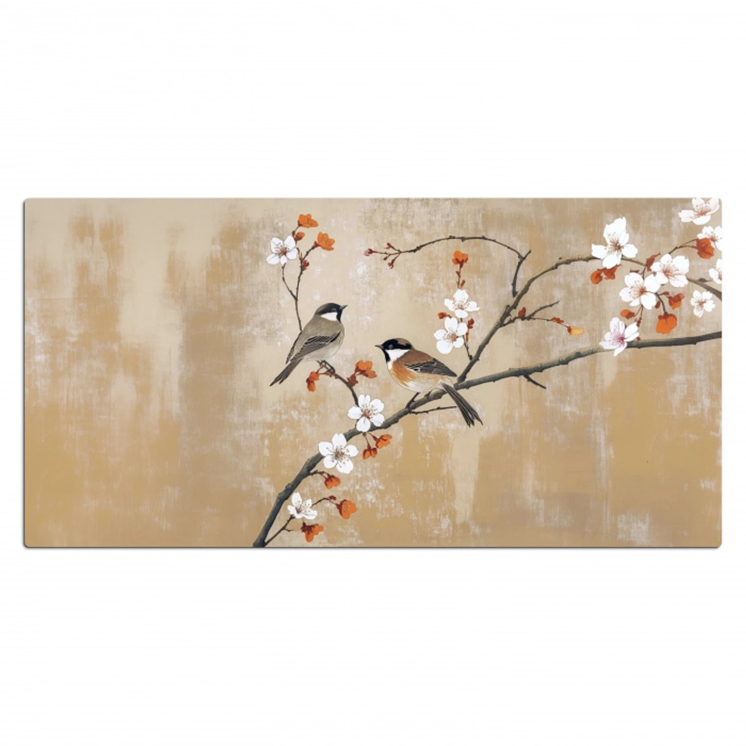 Vogels - Bloesemtak - Bloemen - Oranje Muismat XXL klein -3d_leeg