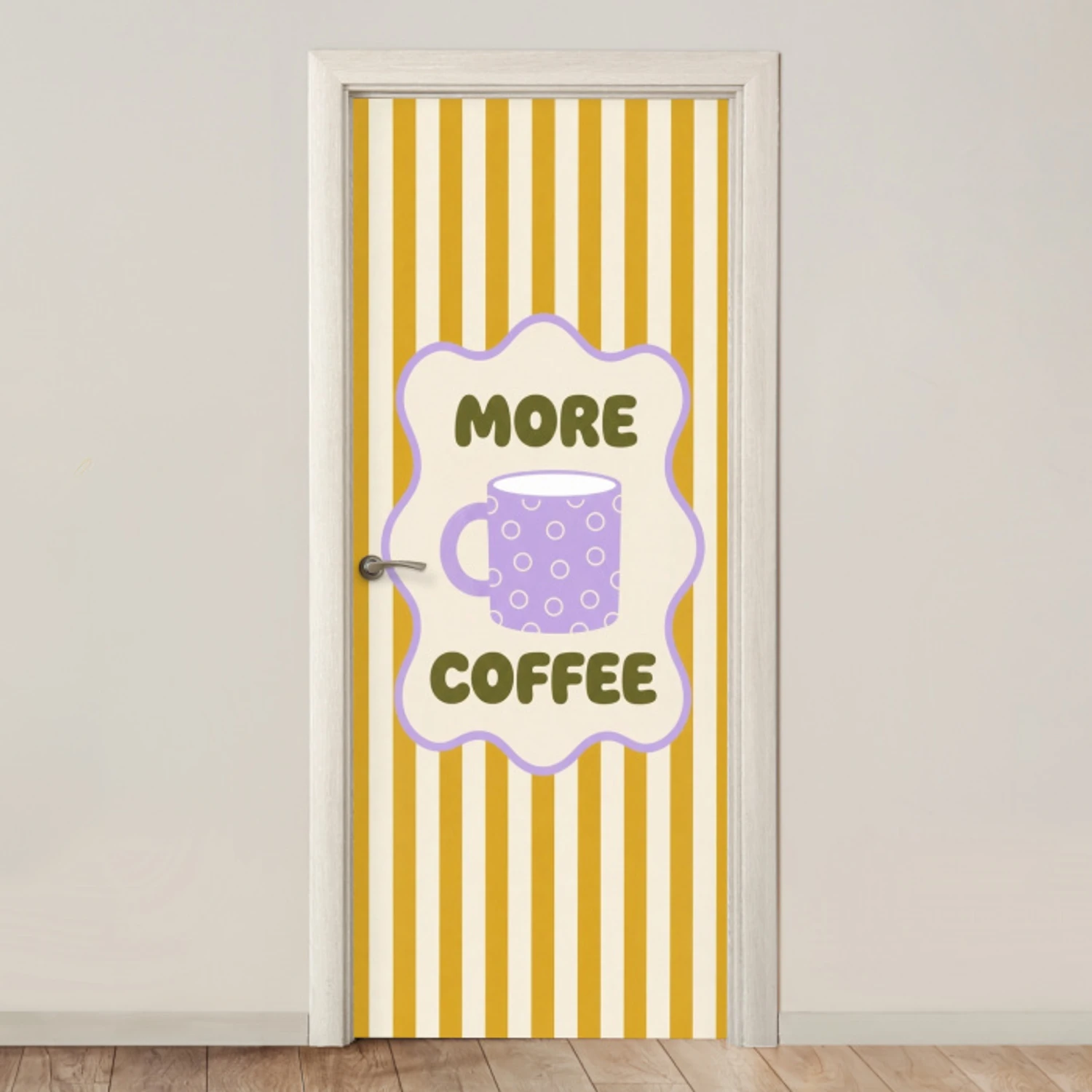 More coffee - Geel - Paars - Strepen - Mok deurposter klein -3d_beige