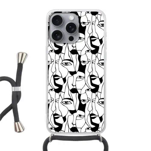 Lijnen - Gezichten - Zwart - Wit Hoesje iPhone 16 Pro Max met koord klein 804 -3d