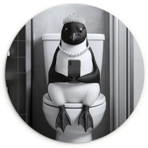 Pinguïn - Telefoon - Toilet - Zwart - Wit Wandcirkel kunststof plaat 5mm dik klein -3d