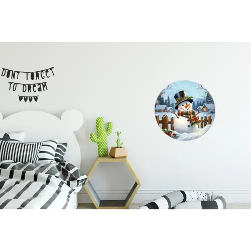 Sneeuwpop - Winterdorp - Kleurrijk Wandcirkel aluminium klein -kinderkamer