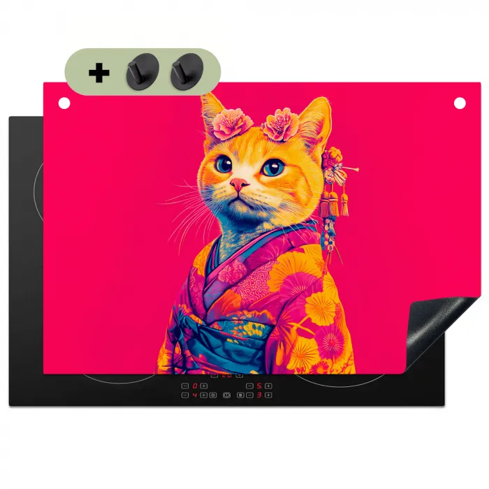 Kat - Kimono - Bloemen - Roze Inductie beschemer met haakjes klein -3d