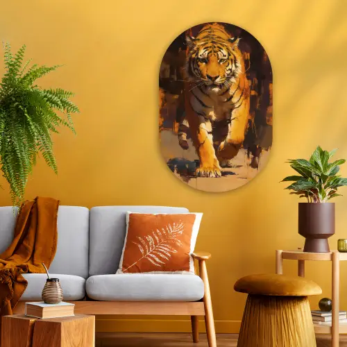 Tijger - Geschilderd - Oranje - Penseelstreken Wandcirkel Ovaal Glas middel -sfeer4