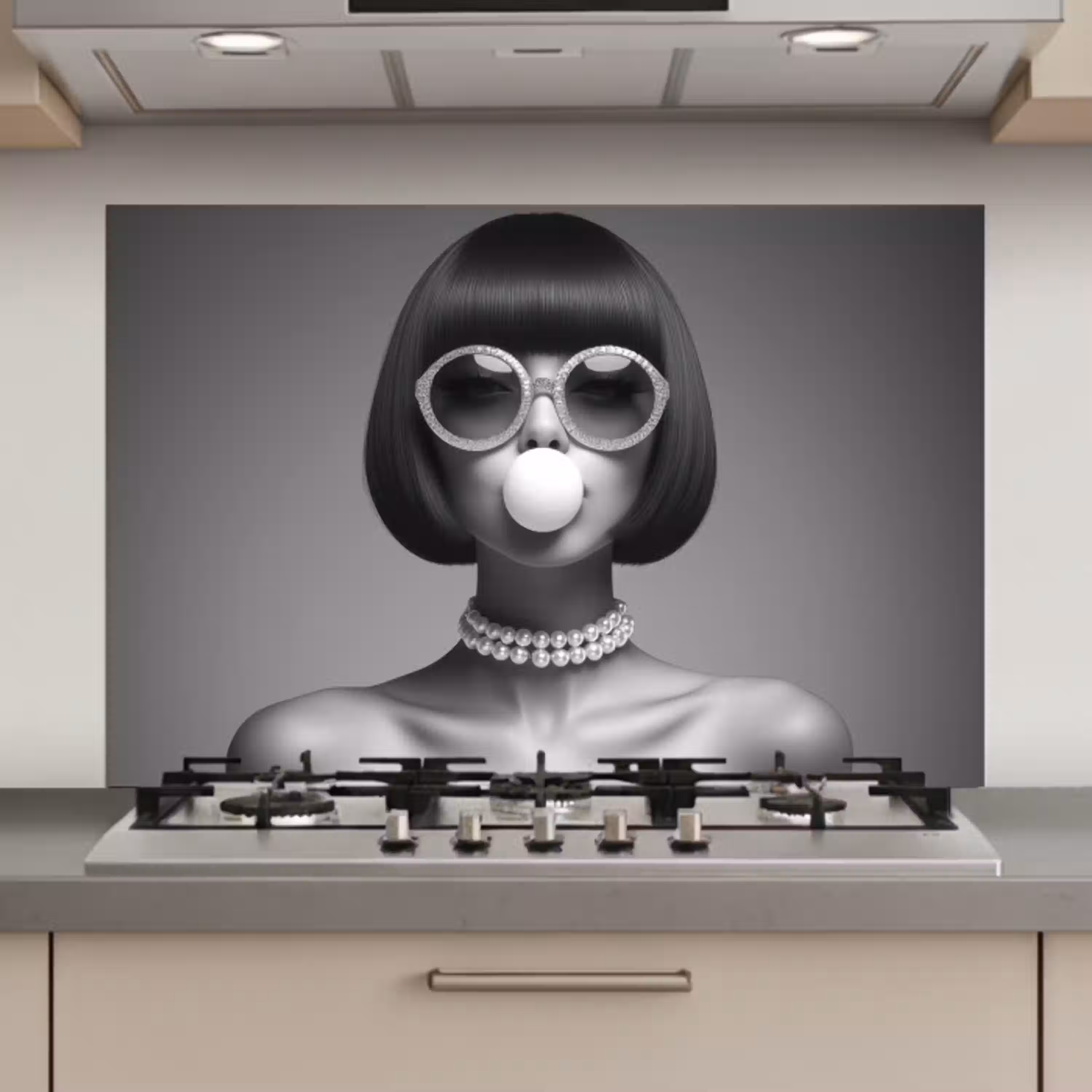 Vrouw - Zwart Wit - Ketting - Zonnebril keuken achterwand spatscherm klein -3d_website