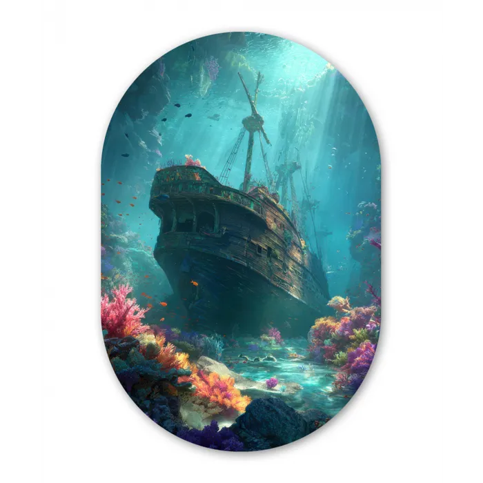 Schip - Hout - Koraalriffen - Zonlicht Wandcirkel Ovaal Glas middel -3d
