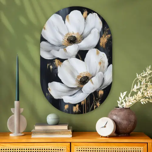 Bloemen - Wit - Abstract Wandcirkel Ovaal Glas middel -sfeer2