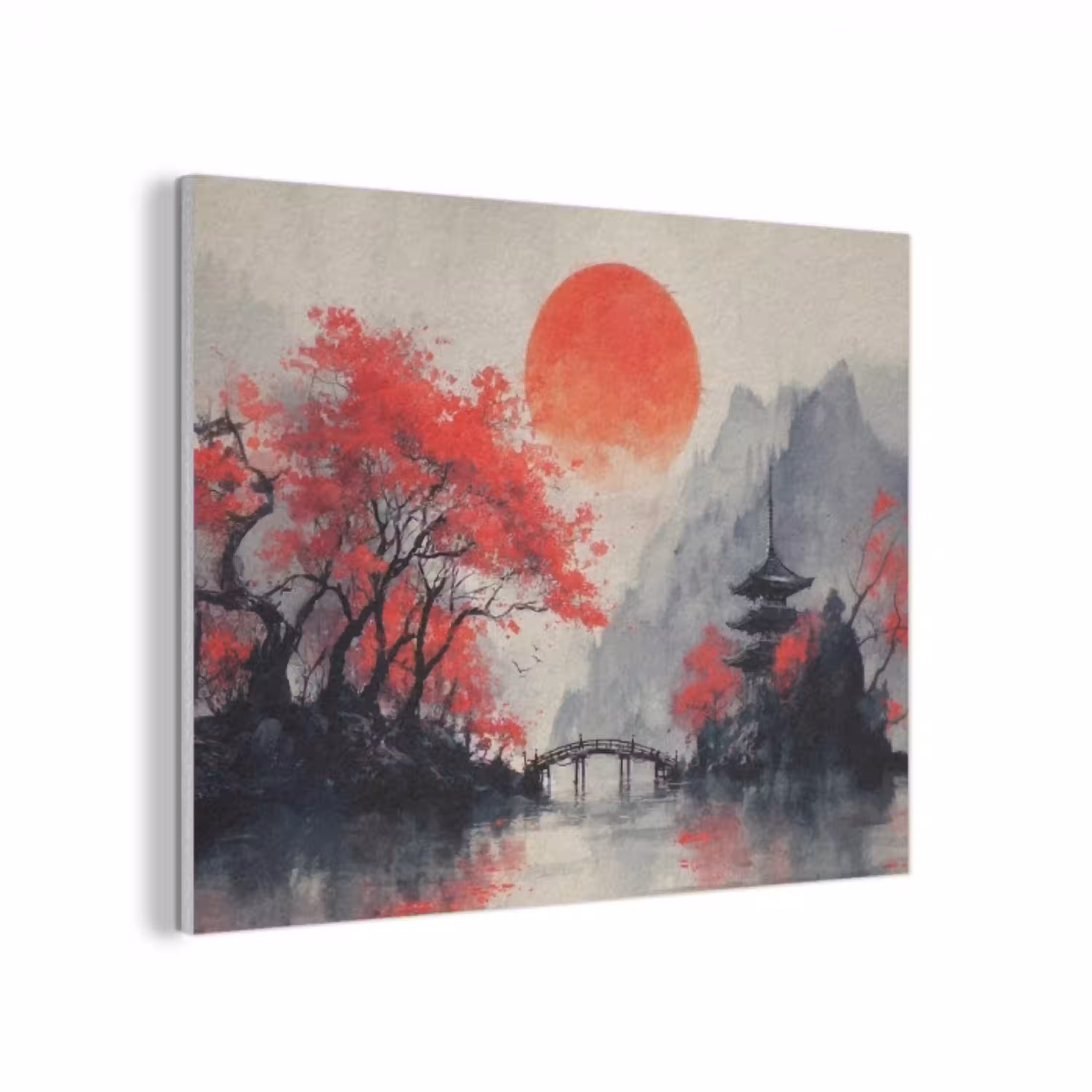 Rode zon - Rivier - brug - Bomen PET vilt klein -3d