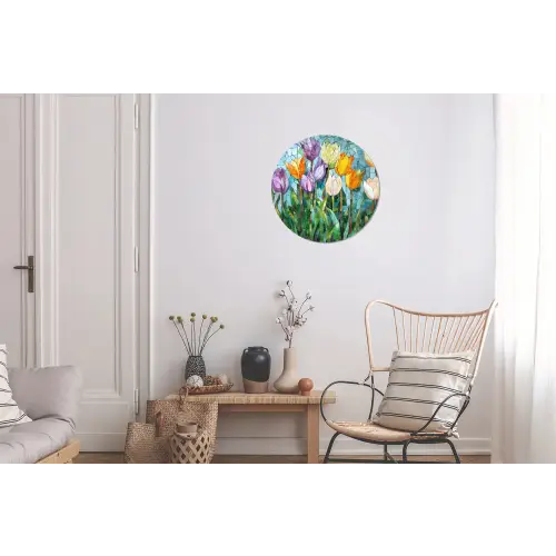Mozaïek - Veld - Tulpen - Kleurrijk Wandcirkel aluminium klein -woonkamer