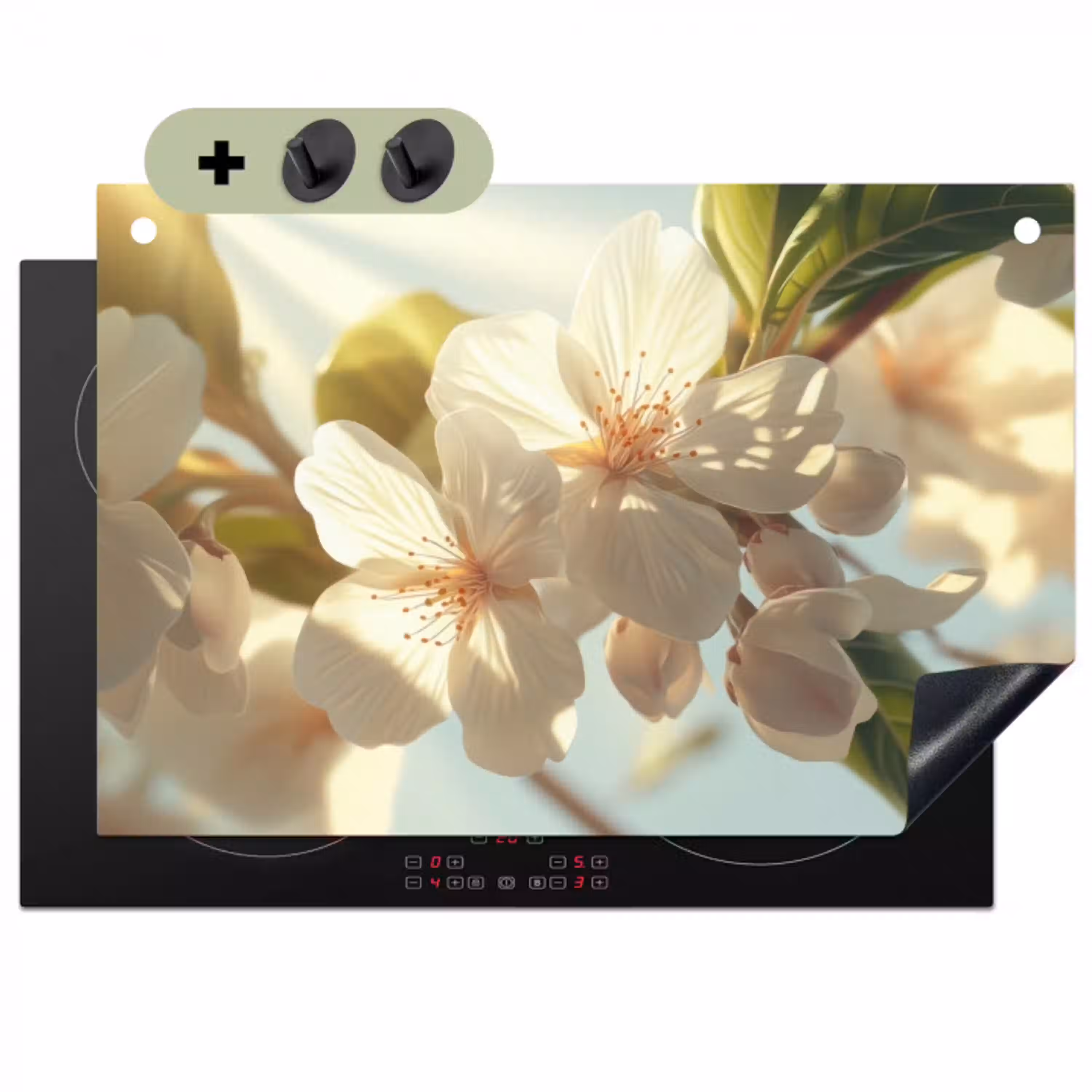 Bloesems - Wit - Zonnestralen -  Bloemblaadjes Inductie beschemer met haakjes klein -3d