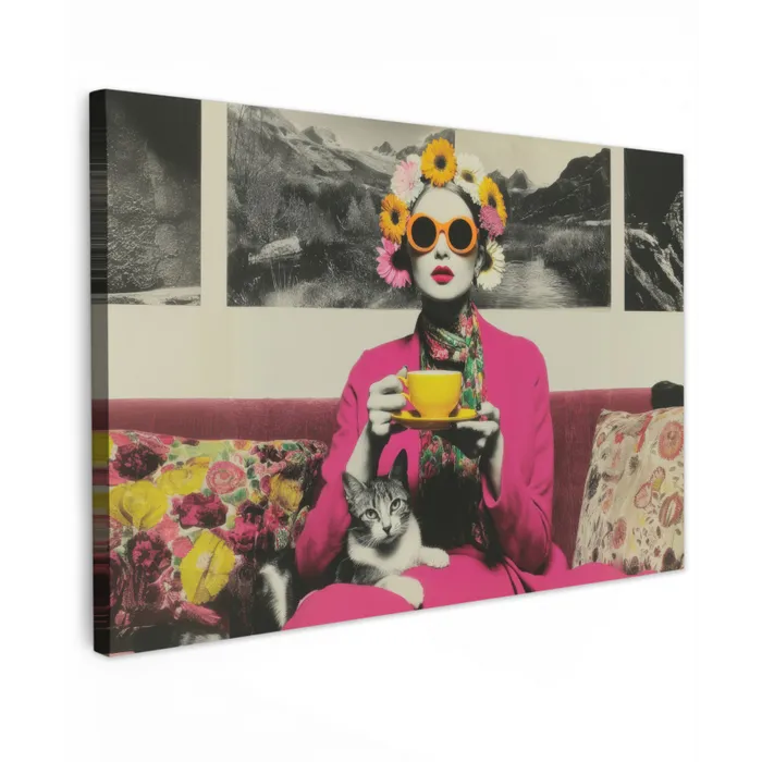Vrouw - Kat - Bloemen - Kopje - Retro canvas 2cm klein -z3d