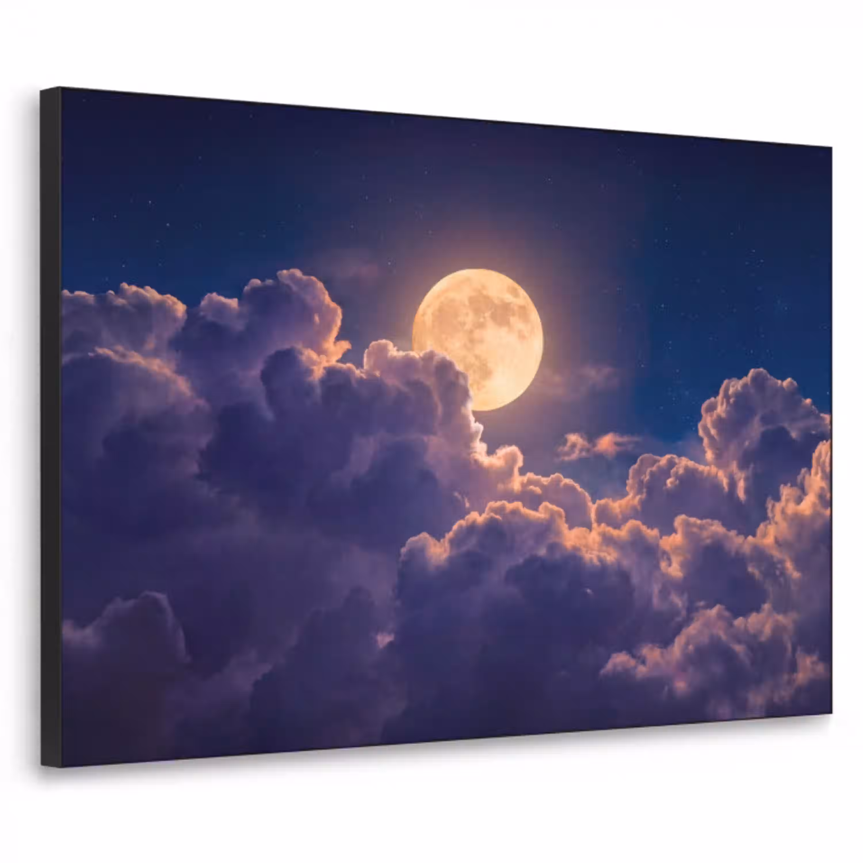 Maan - Wolken - Nacht - Oranje Textielframe zwart klein -3d
