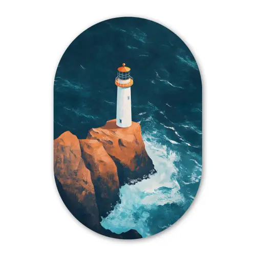 Vuurtoren - Rots - Zee - Golven Wandcirkel Ovaal Glas middel -3d