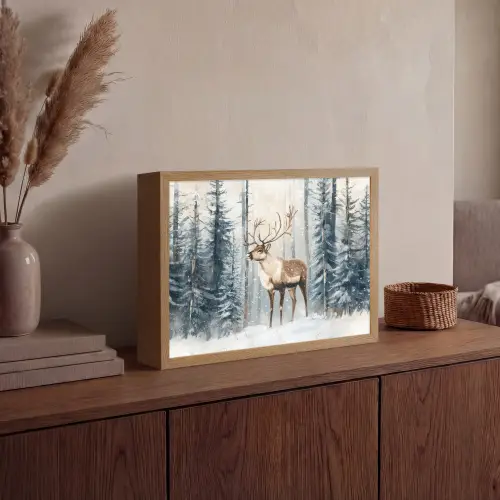 Rendier - Sneeuw - Woud - Wit Light Box met batterij (Wandlamp) middel -sfeer2