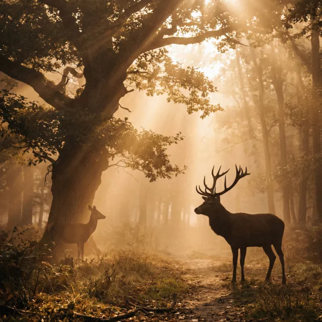 Behang - Hert - Bos - Mistig - Natuur - Goud
