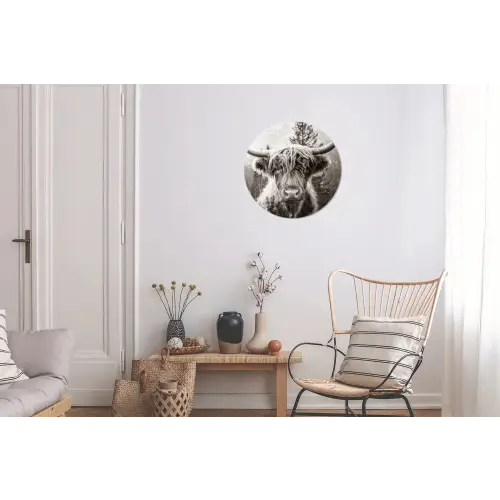 Schotse hooglander - Koe - Dieren - Zwart - Wit Wandcirkel aluminium klein -woonkamer