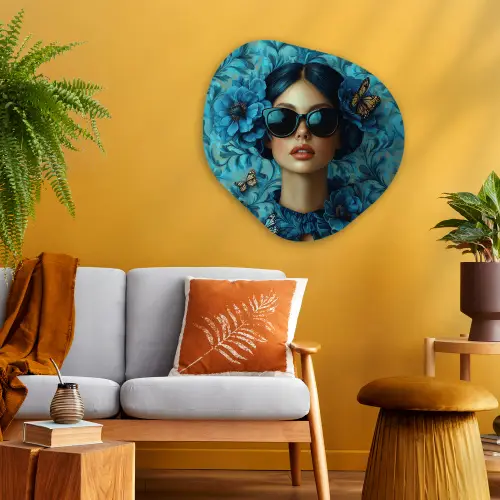 Vrouw - Bloemen - Vlinders - Blauw - Abstract Wandcirkel Organisch Plexiglas middel -sfeer4