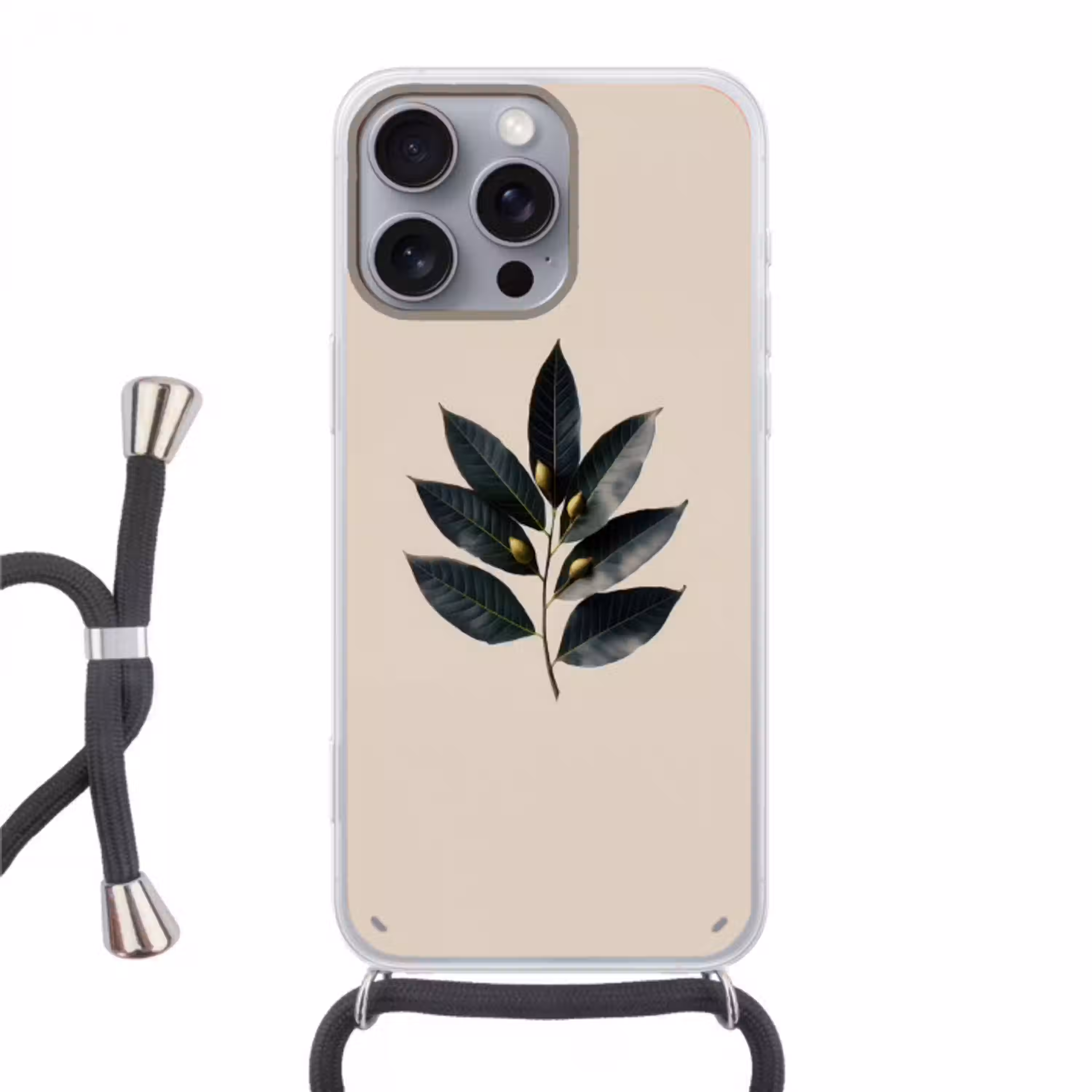 Laurierbladeren - Bloemknoppen - subtiel Hoesje iPhone 16 Pro Max met koord klein -3d