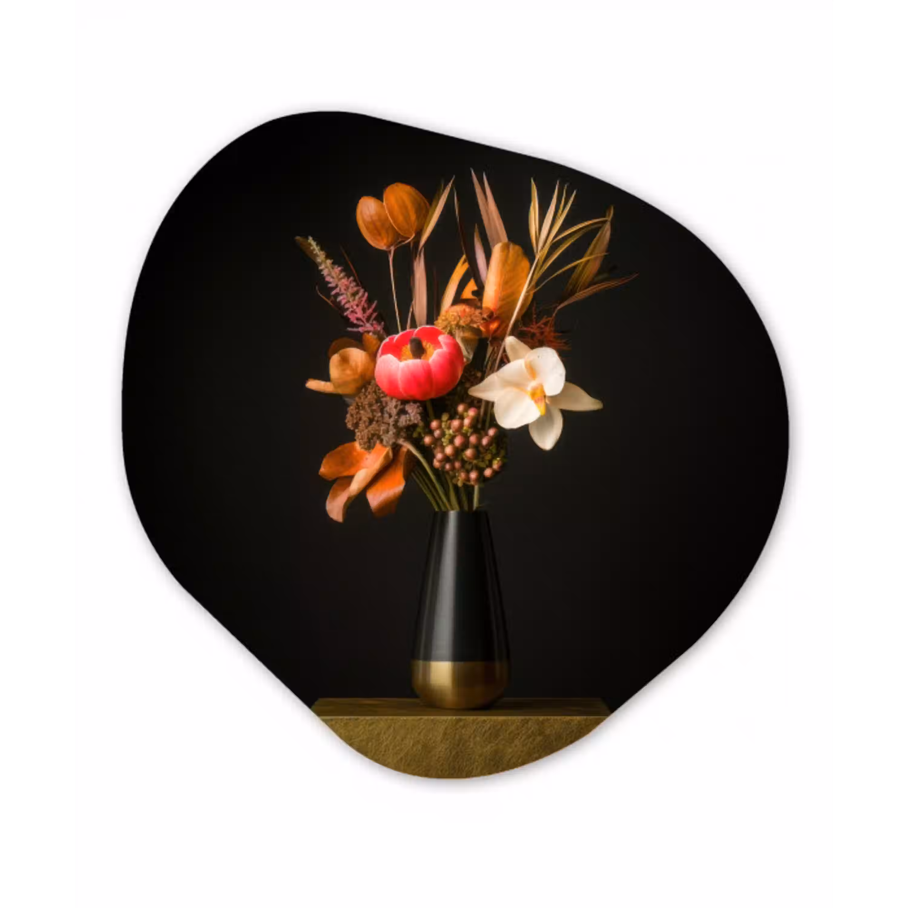 Boeket - Oranje - Gouden - vaas Wandcirkel Organisch Plexiglas middel -3d