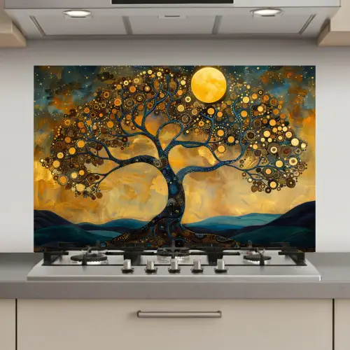 Boom - Maan - Bloemen - Goud - Kunst keuken achterwand spatscherm klein -3d_website