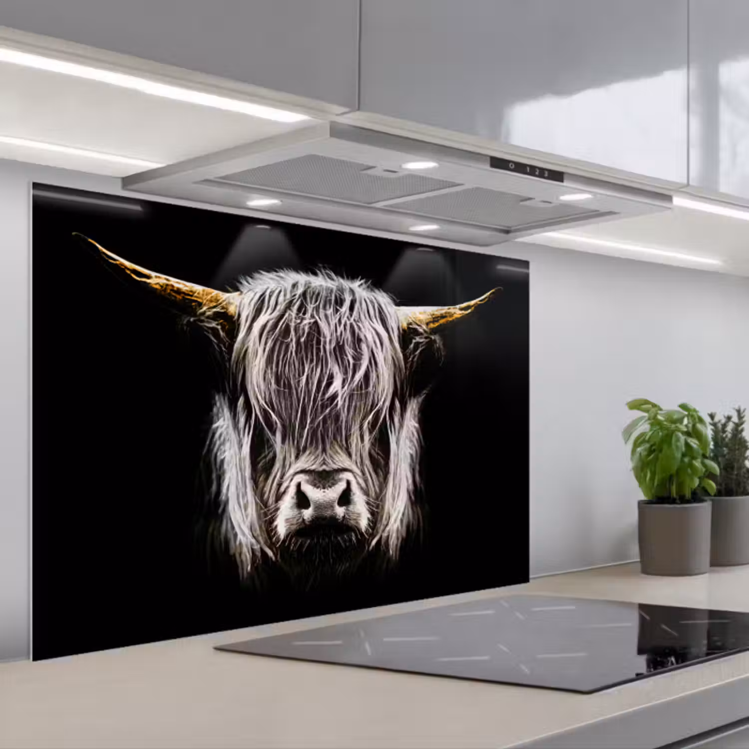 Spatscherm keuken - Schotse hooglander - Goud - Hoorns - Zwart wit - Koe - Dieren