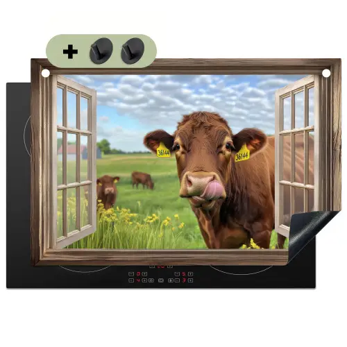 Doorkijk - Koe - Weiland - Landschap - Dieren Inductie beschemer met haakjes klein -3d