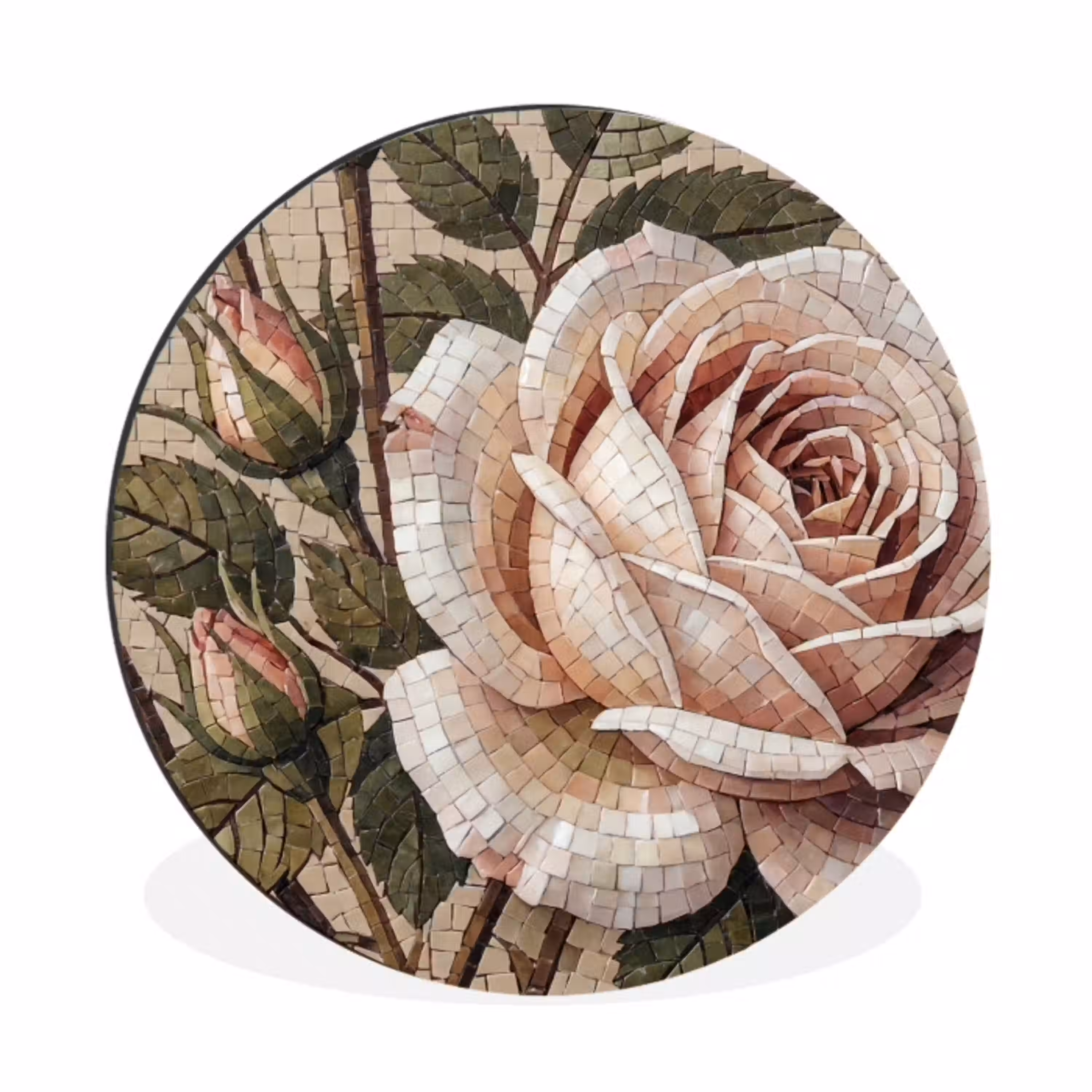 Roos - Mozaïek - Bloemen - Klassiek - Beige Wandcirkel aluminium klein -3d